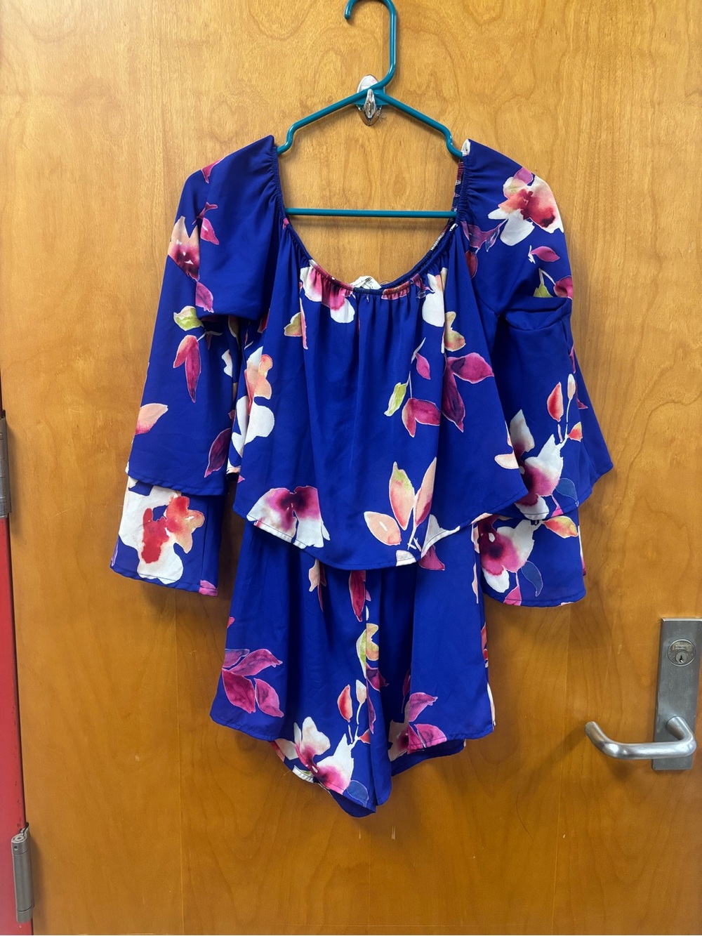 Peach Love California Royal Blue Floral Off-Shoulder Romper